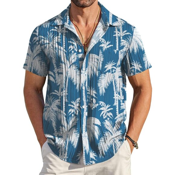 Men´s Blue Casual Button Down Shirts Short Sleeve Textured Summer Beach Shirt Casual Button Down Shirts